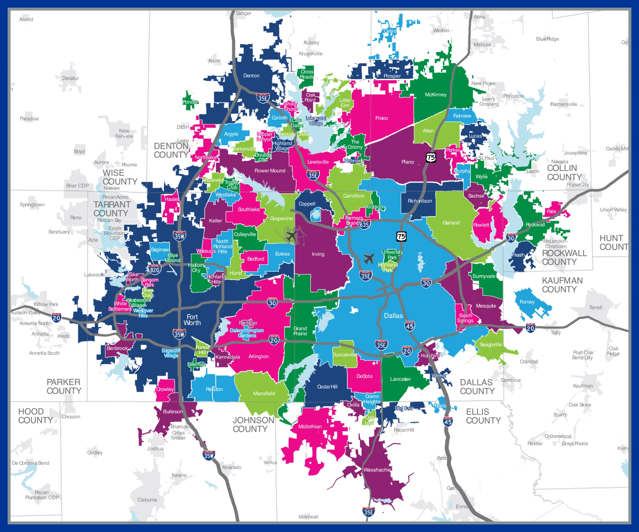 Coverage map of the Dallas-Fort Worth metroplex showing every city Pool Table Ninjaz serves, by county