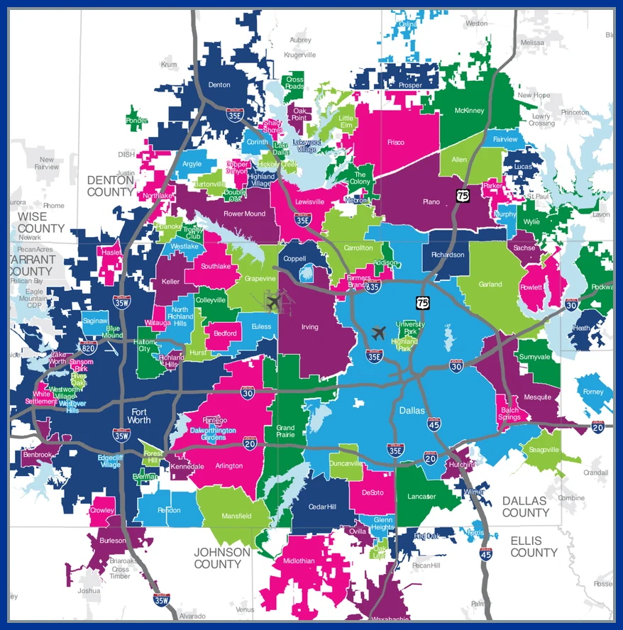 Map of the Dallas–Fort Worth metroplex with the cities Pool Table Ninjaz serves picked out