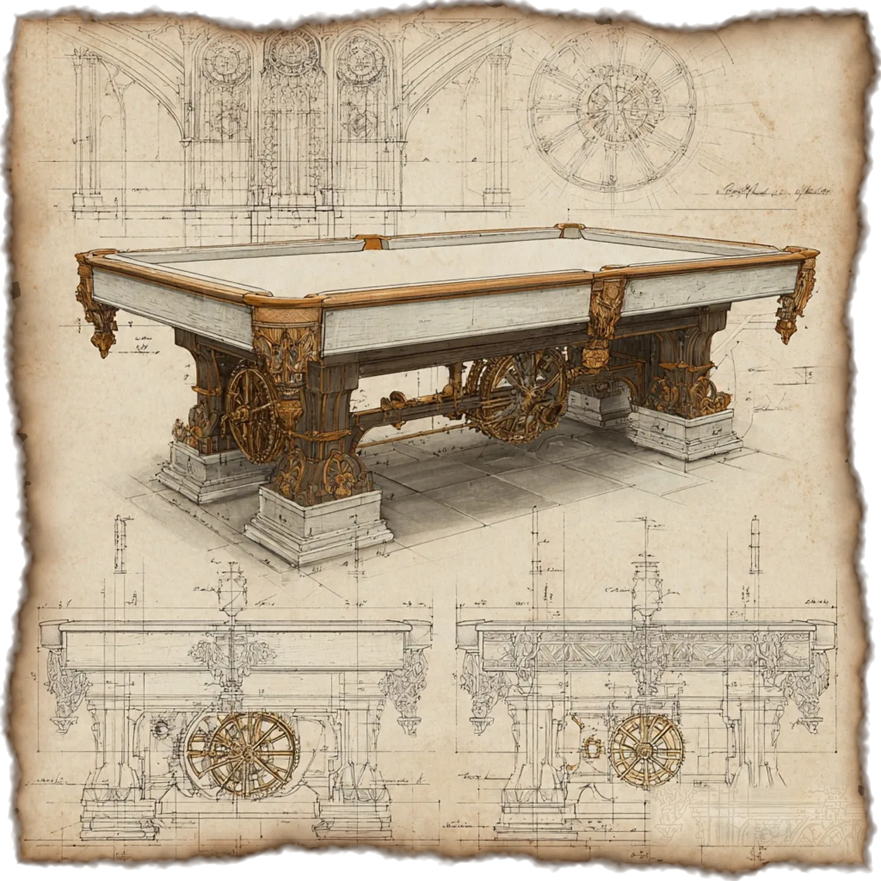 Technical blueprint illustration of an ornate slate pool table — its frame, rails, pockets, and internal structure — the anatomy Pool Table Ninjaz moves, refelts, and levels.
